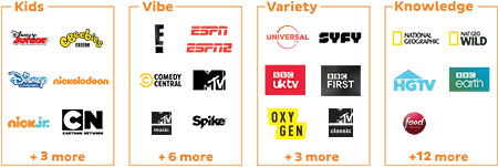 channel pack choices include kids, vibe, variety and knowledge