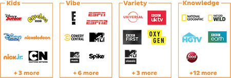 channel pack choices include kids, vibe, variety and knowledge