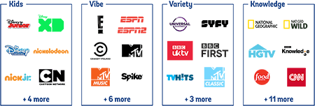 channel pack choices include kids, vibe, variety and knowledge
