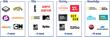channel pack choices include kids, vibe, variety and knowledge