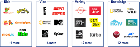 channel pack choices include kids, vibe, variety and knowledge